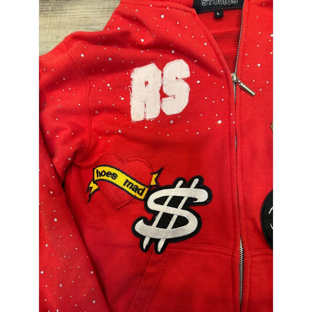 Resilient Studios Rhinestone Zip Sweatshirt Jacket Red L - Picture 6 of 8